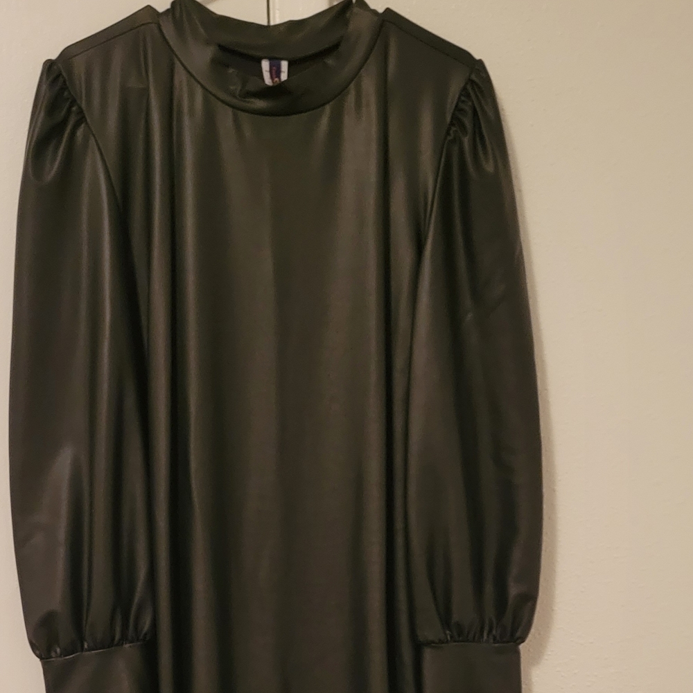 Faux leather knee length dress with puff shoulders 3x
